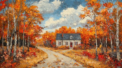 Fototapeta premium Autumn Cottage Nestled Amongst Vibrant Fall Foliage
