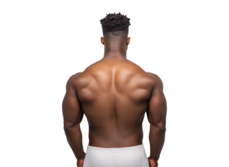 Muscular back view of a black male, isolated against a transparent png background