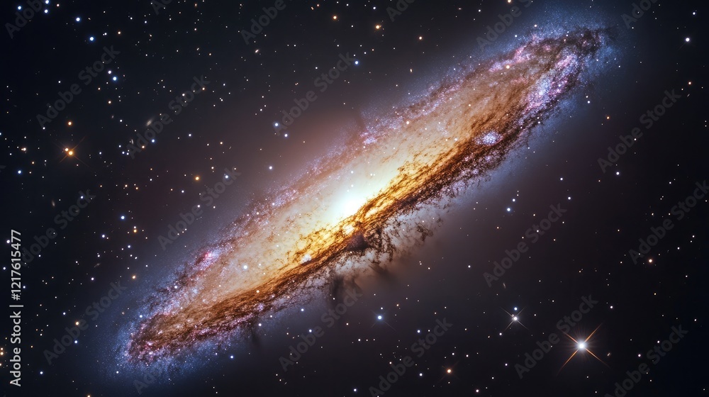 Poster spiral galaxy illuminated with vibrant colors in deep space with stars and copy space for text