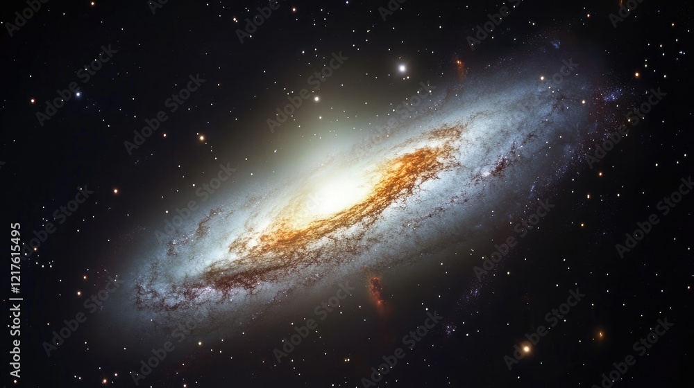 Aufkleber spiral galaxy with bright core and surrounding stars in deep space with dark background and copy spa