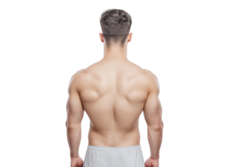 Muscular back view of a white male, isolated against a transparent png background
