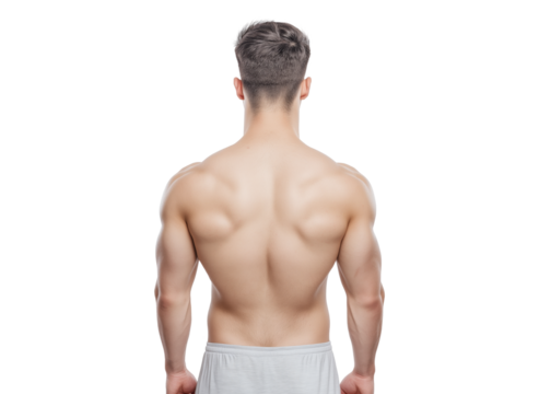 Muscular back view of a white male, isolated against a transparent png background