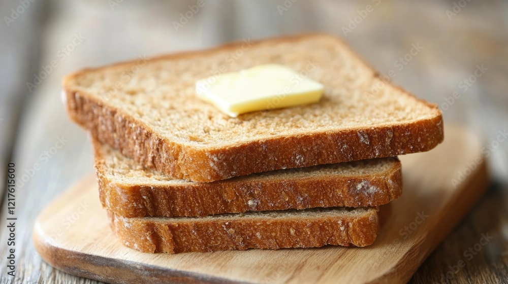 Poster sliced whole grain bread with butter on top placed on a wooden cutting board with a rustic backgroun