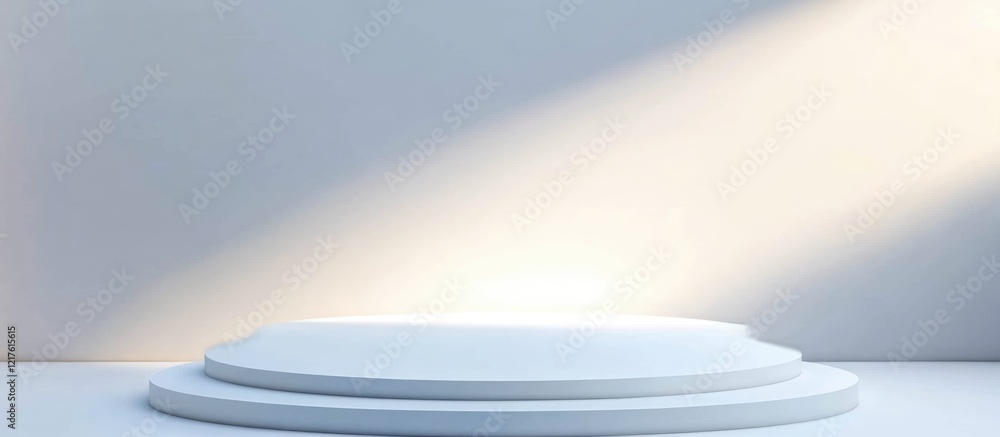 Poster minimalist display podium with soft light ray on neutral background and copy space for product prese
