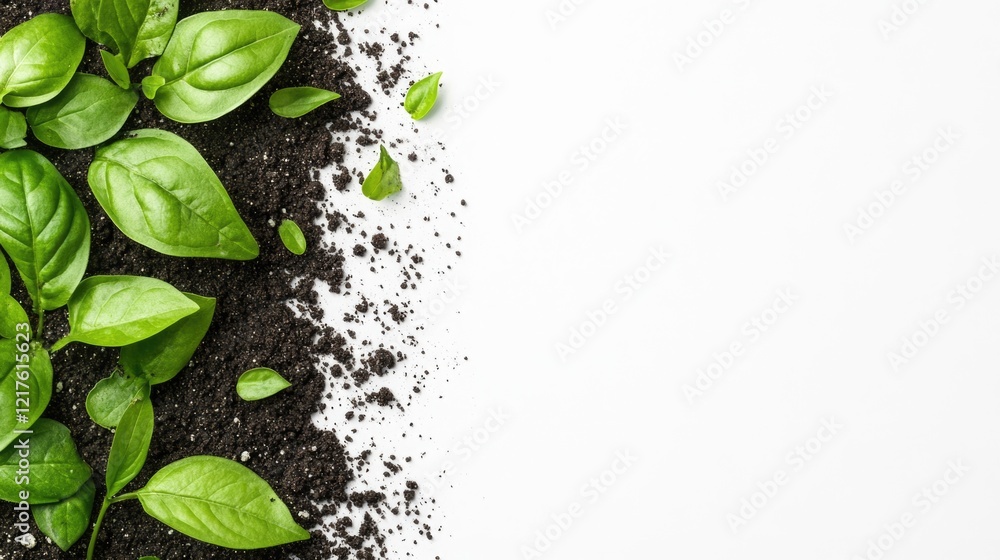 Poster fresh green basil leaves and soil on a white background with copy space for text or graphics