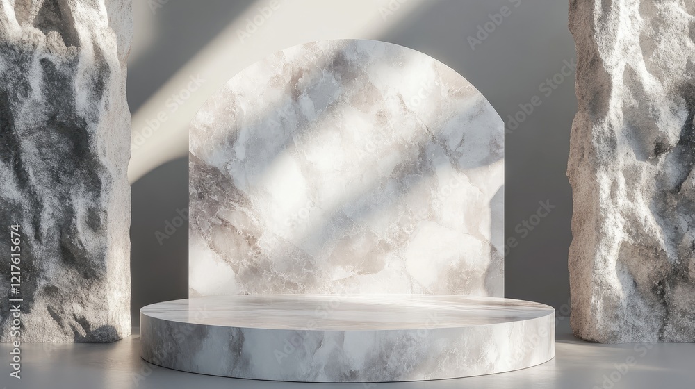 Poster marble display platform with arch backdrop between two textured stone columns in soft natural lighti