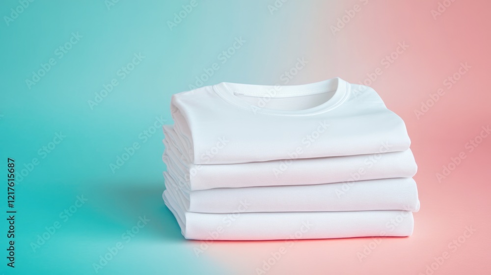 Poster stack of folded white t-shirts on pastel gradient background with copy space for text.