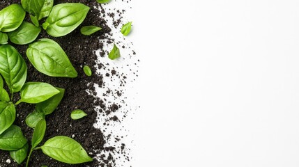Fresh green basil leaves and soil on a white background with Copy Space for text or graphics