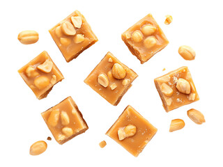 Fototapeta premium Peanut brittle pieces scattered, flat lay top down view, isolated cutout against a transparent png background