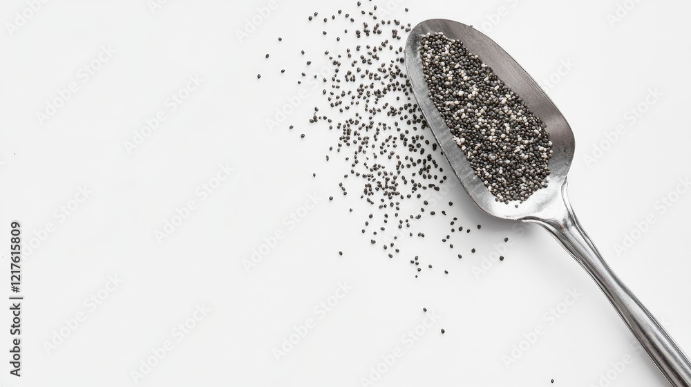 Poster spoon with chia seeds on a white background with copy space for text or design elements