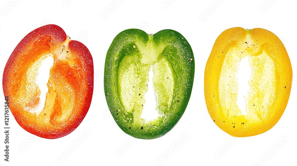 Aufkleber sliced red green and yellow bell peppers arranged in a row on a white background with copy space for