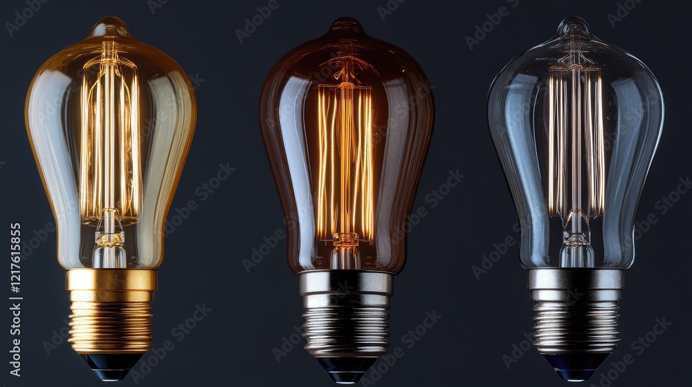 Poster vintage style light bulbs in three variations showcasing filament design on a dark background with c
