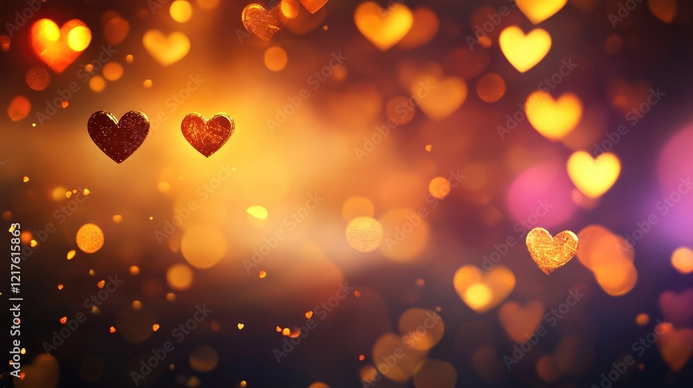 Poster bokeh background with heart shapes and warm lighting effects suitable for romantic themes with copy 