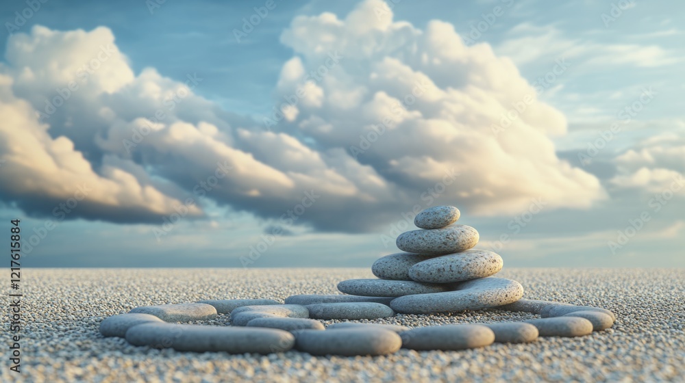 Poster stacked smooth stones on a sandy surface with cloudy sky in the background copy space
