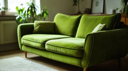 Modern green velvet sofa in bright living room with plants and natural light Copy Space