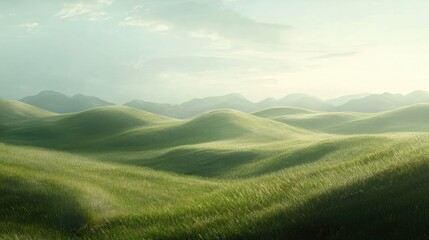 Obraz premium Lush green rolling hills under a soft cloudy sky with distant mountains and natural light Copy Space