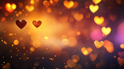 Bokeh background with heart shapes and warm lighting effects suitable for romantic themes with copy space