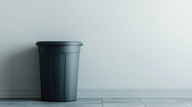 Black trash bin against a plain wall with beige tiles and ample Copy Space for text placement.