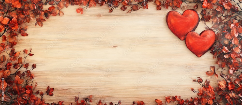 Aufkleber rustic wooden background with red heart shapes surrounded by autumn leaves and copy space for text p