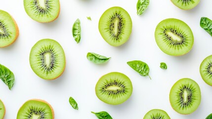 Fototapeta premium Sliced kiwi fruit and fresh basil leaves on white background with copy space