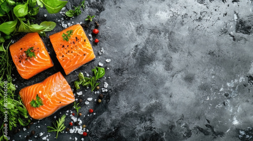 Poster raw salmon fillets garnished with herbs and spices on a dark stone background with copy space for te