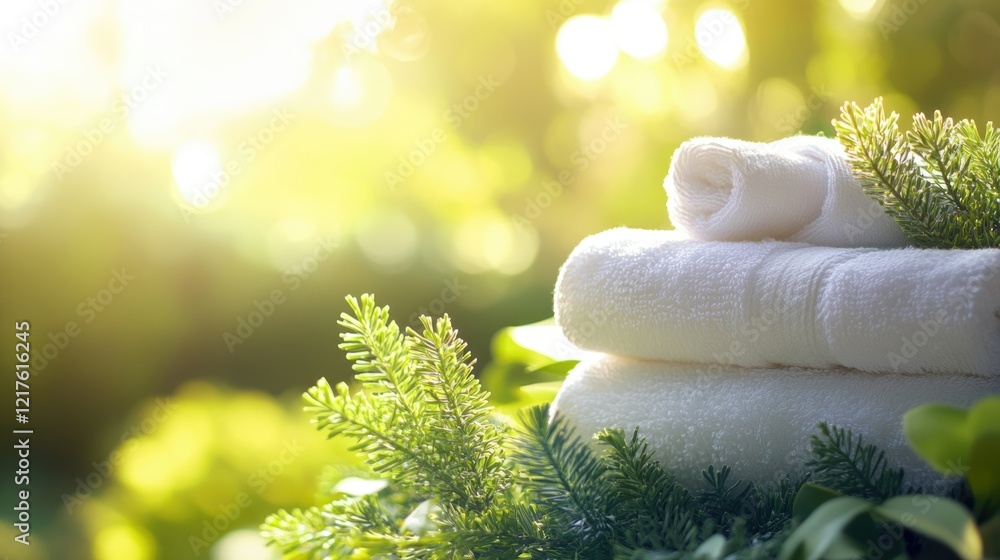 Poster stacked white towels surrounded by greenery in a sunlit outdoor setting with soft bokeh and copy spa