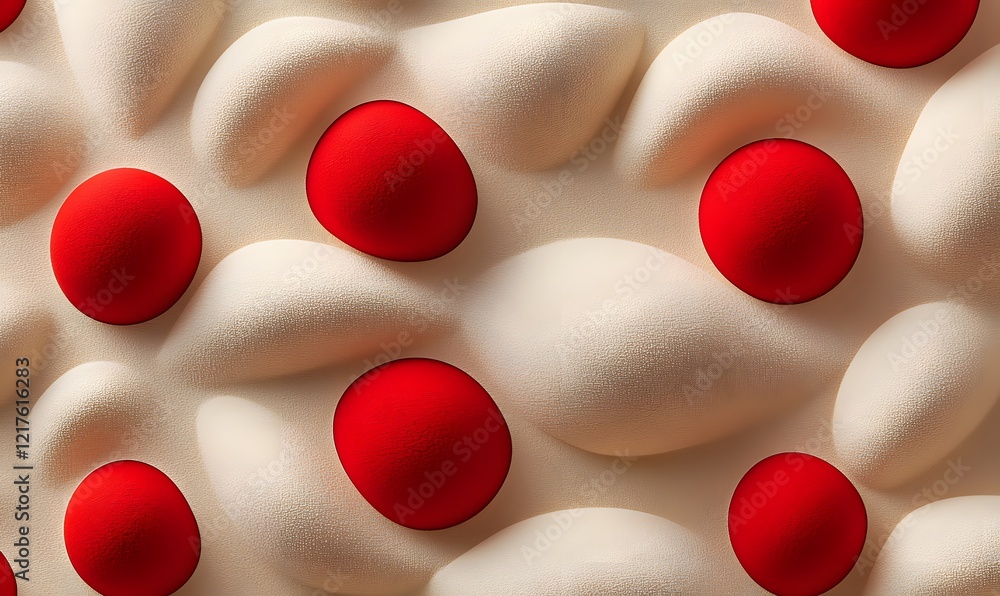 Poster abstract pattern of red spheres on a textured beige surface creating a unique visual effect