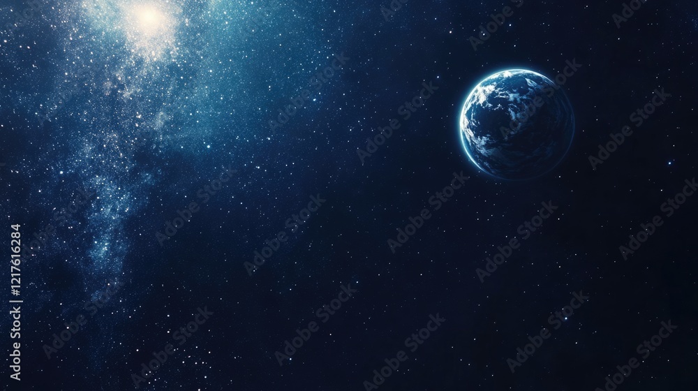 Poster planet earth in outer space with starry background and deep blue cosmos copy space