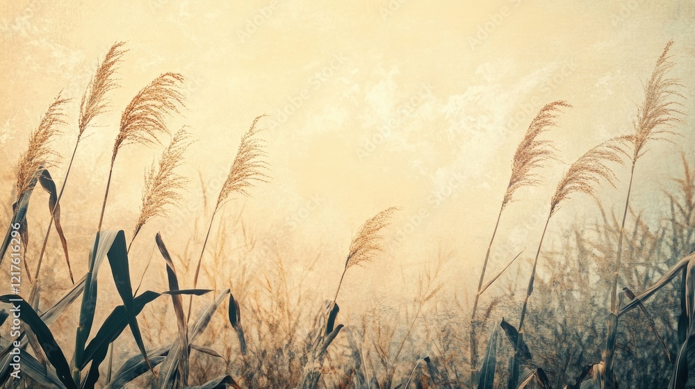Aufkleber golden grasses in a soft background with light haze and copy space for text placement. suitable for 