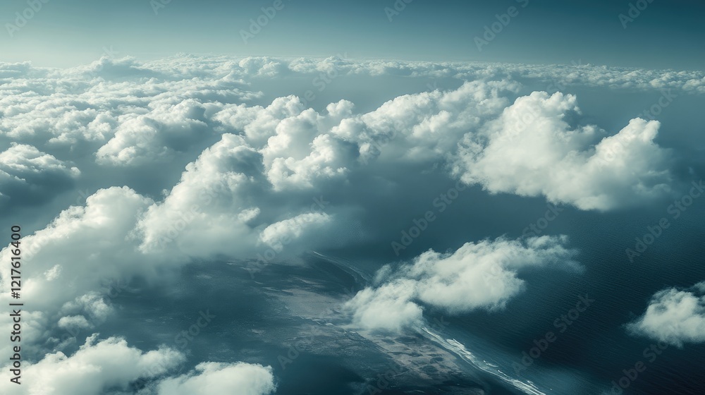 Poster aerial view of fluffy white clouds against a cloudy sky with copy space for text placement.