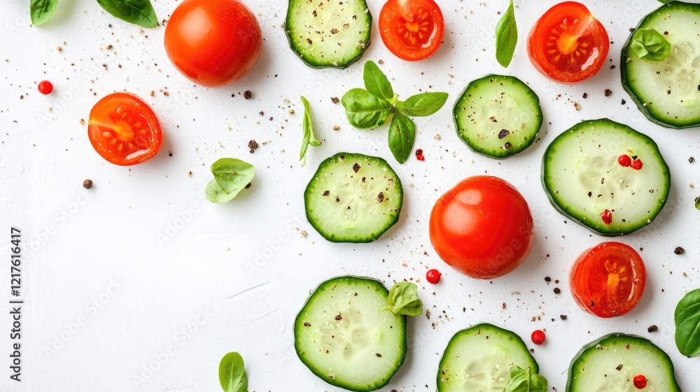 Poster fresh sliced cucumbers and cherry tomatoes scattered with spices and basil on a white background wit