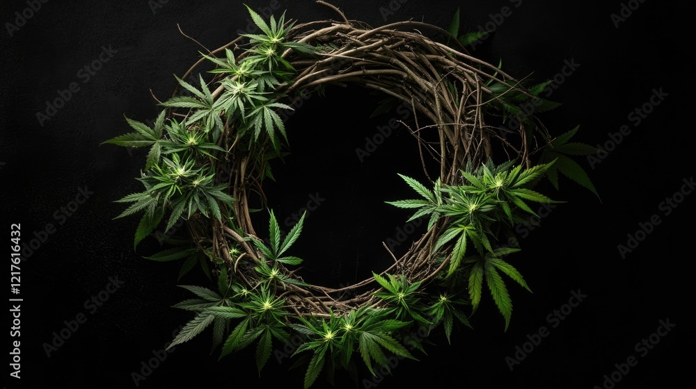 Poster cannabis leaves arranged in a circular wreath on a dark background with copy space for text insertio