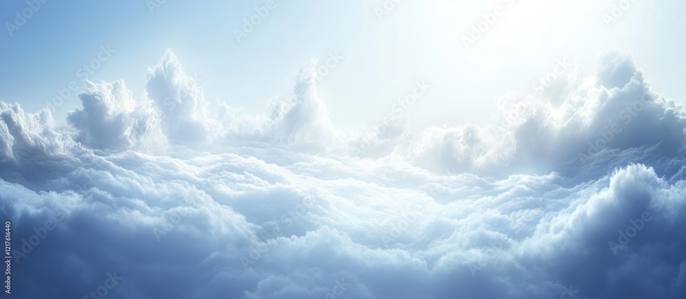 Poster vast blue sky with fluffy white clouds illuminated by soft sunlight and ample copy space for text pl