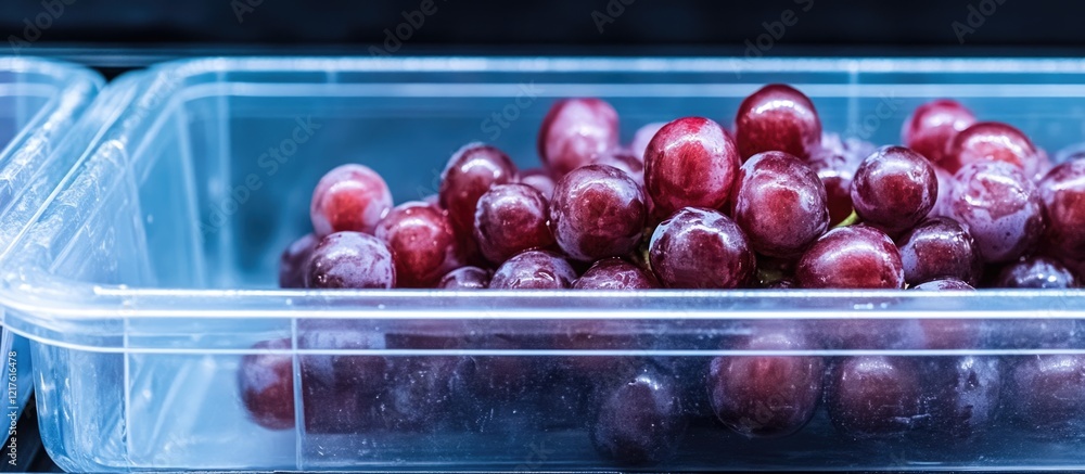 Aufkleber fresh red grapes in a transparent container with water droplets on surface copy space