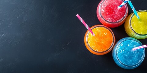 Colorful rainbow slushes in glass jars with straws on black background. Image for smoothie bar advertising and menu. With copy space.
