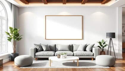 Frame mockup, ISO A paper size. Living room poster mockup. Interior mockup with house white background. 8k Modern interior design. 3D render