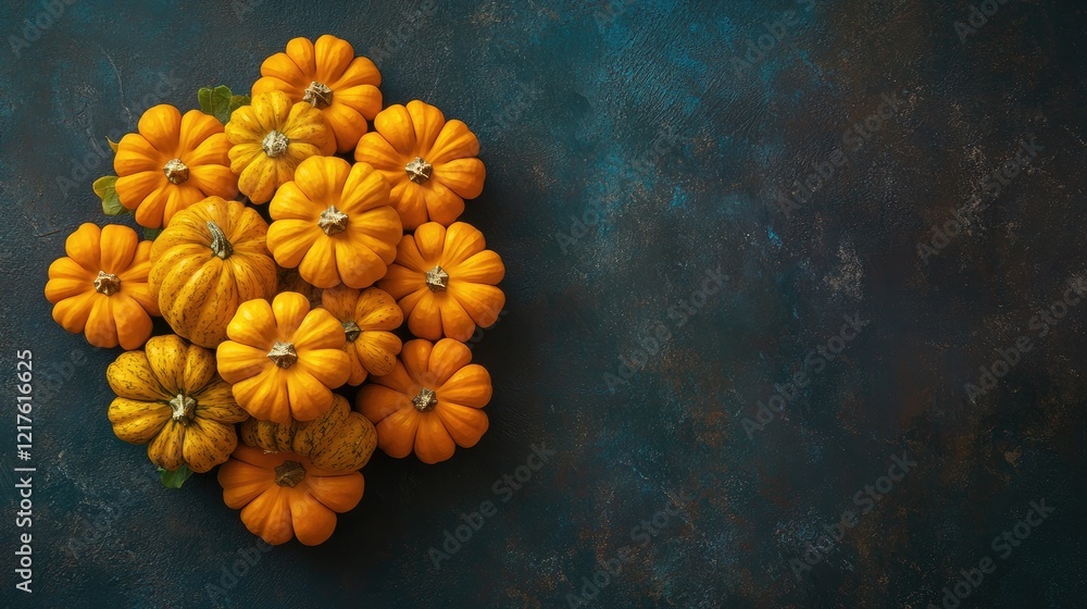 Poster arrangement of assorted pumpkins on dark textured background with copy space for text.