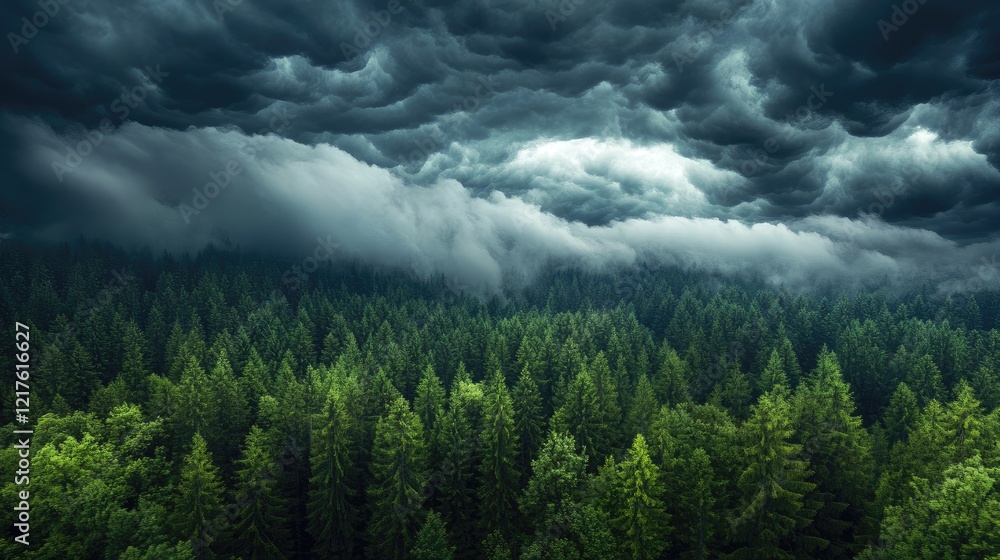 Poster dense evergreen forest with dramatic storm clouds overhead featuring copy space for text placement.