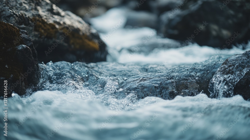 Poster flowing water over rocky surface in a stream with smooth textures and gentle currents copy space