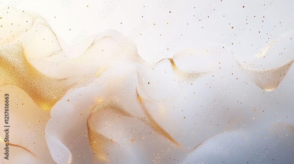 Poster abstract textured background with golden and white swirling fluid shapes and soft speckles copy spac