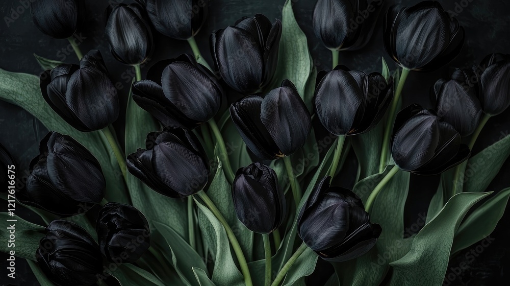 Poster black tulips with green leaves on a dark background featuring ample copy space for text placement.
