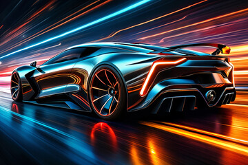 Fototapeta premium A sleek, futuristic sports car with vibrant blue and orange lights streaking around it on a track, giving the impression of speed and motion.