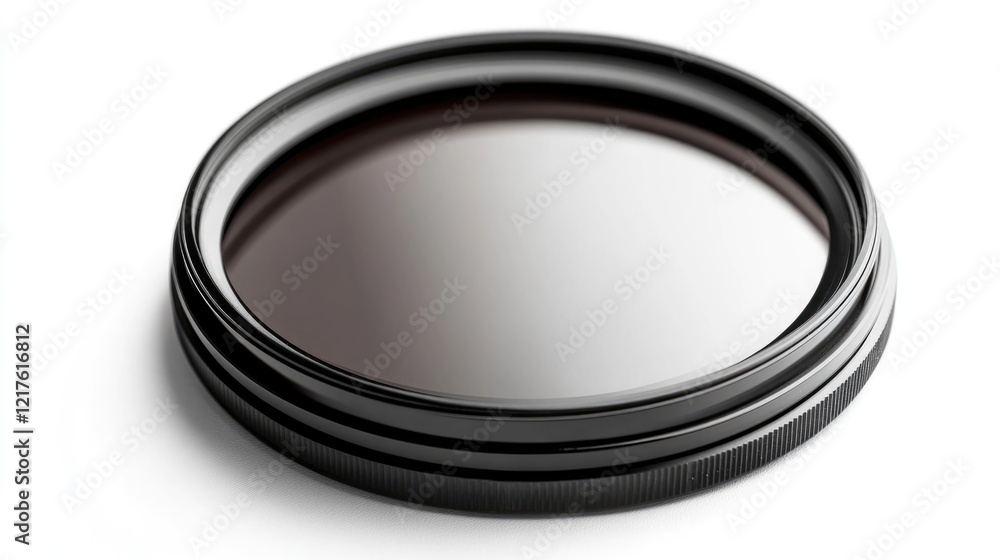 Poster circular camera lens filter on white background with reflection and copy space for product or photog