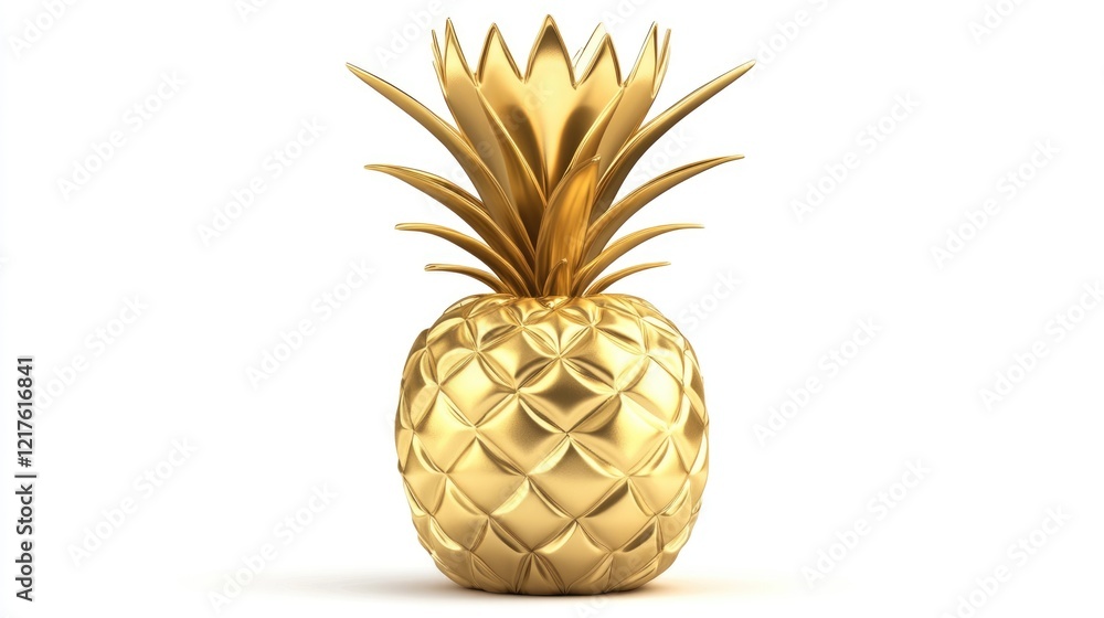 Poster golden pineapple figurine on a white background with copy space for text placement. 3d rendering of 