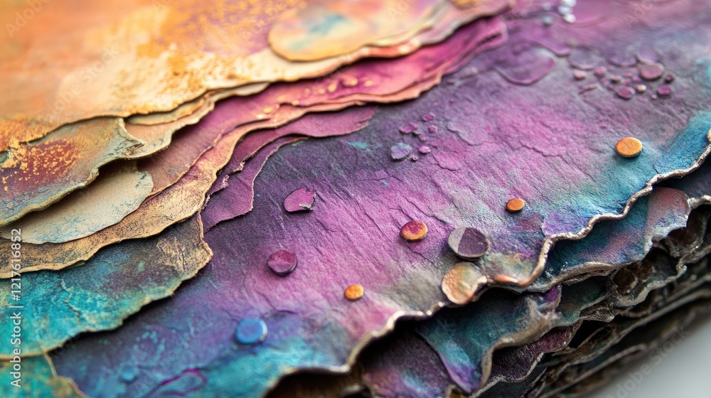 Poster colorful textured layers of abstract art with metallic accents and rippled edges on a soft backgroun