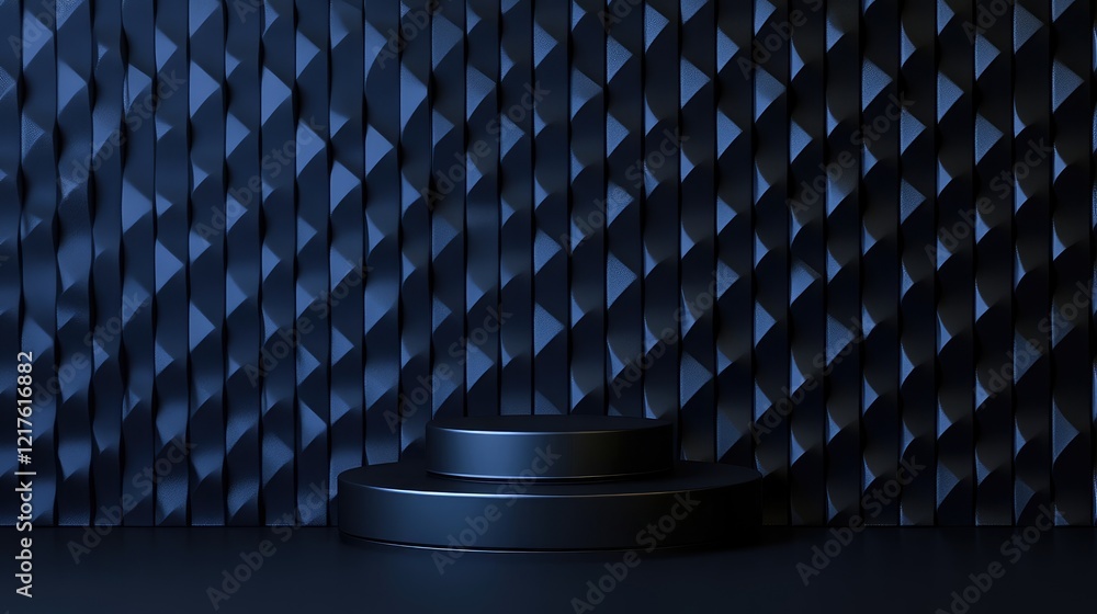 Poster black geometric wall with layered pattern and circular podium for product display copy space