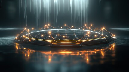 A 3D web-like radar chart with electrified lines connecting glowing hexagonal nodes