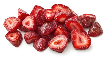 Sliced fresh strawberries on white background with Copy Space for text placement