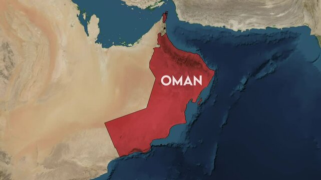 Zoom from Earth to Oman. World map animation with country borders, Images from NASA