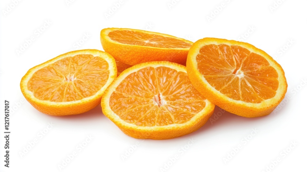 Poster fresh orange fruit slices arranged neatly on a white background with copy space for text.